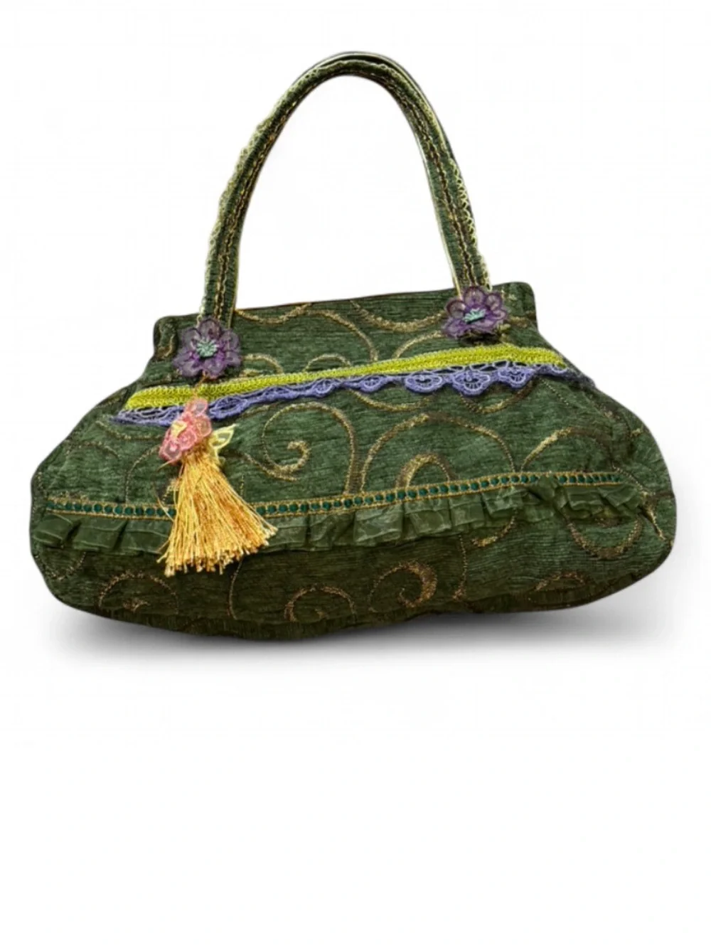 Vintage‎ Inspired Green Floral Tapestry Embellished Handbag